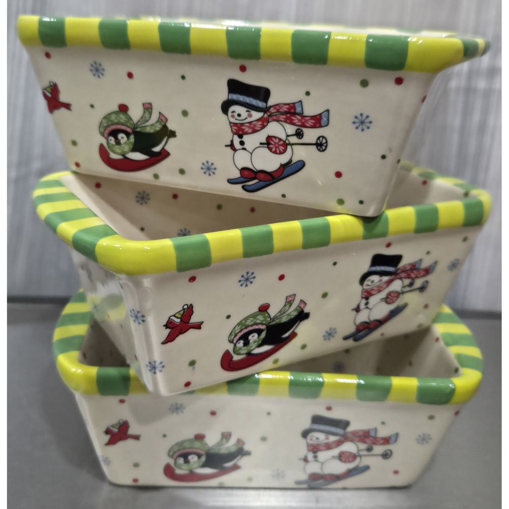 Temptations "Winter Whimsy" Mini Loaf Pan Stoneware Non Stick 12oz Set/3 Holiday